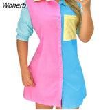 Women Shirts Patchwork Dress Summer Fashion Casual Print Button Pocket Colorblock Shirt Mini Dress Women-Outfit