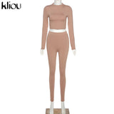 Kliou fashion tracksuit women turtleneck full sleeveless crop top+leggings matching set stretchy sporty fitness casual