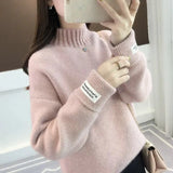 Women Half Turtleneck Sweater Autumn Loose Wool Pullover Knitted Jumper Long Sleeve Letter Top Casual Warm Ladies
