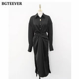 Elegant Single-breasted Women Solid Dress 2021 Autumn Lapel Full Sleeve Cross Waist Ladies Split Vestidos Female Dress-Outfit