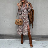 Women Floral Print V Neck Side Slit Party Dress Spring Autumn Long Sleeve Elegant Ladies Sexy Elastic Waist Slim Dress