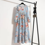 Autumn New Bohemian Floral Print Long Sleeve Waist Dress Women O Neck Loose Casual Beach Vestidos Holiday Robe Dresses-Outfit