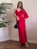 Solid Women's Irregular Midi Dress Sexy V-neck One Shoulder Backless Slim Fit Robes 2023 Summer Lady Party Prom Vestidos-Outfit