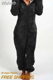 Women Overall Homewear Warm Fleece Hooded High Waist Autumn Winter Solid Color Jumpsuit Pants Jumpsuits Pajama-Outfit