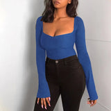 Women Tee Top T Shirt Long Sleeve Square Collar Long Sleeve Basic Sexy Skinny Stretchy Top Casual Streetwear Solid