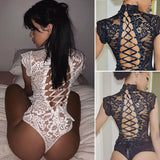 Sexy Sissy Lace Lingerie Turtleneck Bodysuits Black White Nightwear Underwear Back Bandage Erotic Apparel