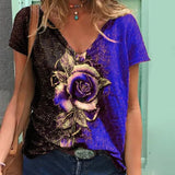 Rose Print T-Shirts Women Casual V-Neck Short Sleeve Loose Tee Shirt Female 2021 Fashion Street Hipster Pullover