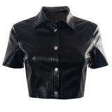 Black PU Leather Button Up Short Sleeve Crop Top T Shirt Women Fashion 2021 Streetwear Vintage Clothes