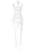 Strapless Off Shoulder Backless Corset Midi Dress Women Ribbons Grunge Mesh See Through Clothes 2023 Summer Party Vestidos-Outfit
