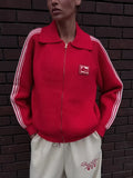 Knitted Cardigan Collar Zipper Retro Sports Rice White Hit Red High Street Burst