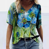 3D Floral Print T-shirts Women Fashion Short Sleeve Loose Tops Casual V-neck High Street Tee Plus Size Top