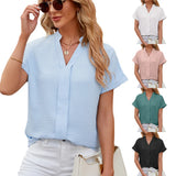 / Summer 2024 New Chiffon V-Neck Pure Color Short-Sleeved Loose Jacket Shirt-Outfit