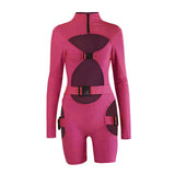 hirigin Women Bodycon Buckle Cut Out Biker Rompers Sexy Long Sleeves Hollow Out Clubwear Bodysuit One Piece Short Jumpsuit