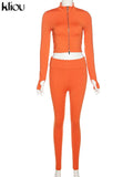 Kliou Solid Simple Two Piece Set Women Sheath Slim Casual Sporty Long Sleeve Zipper Top+Body-Shaping Female Activewear