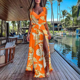 Hot Style Summer Sleeveless V-Neck Print Hem Slit Dress Woman-Outfit