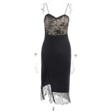 And Winter Sexy Black Lace Dress Date Night Outfits for Women Spaghetti Strap Backless Split Midi Dress French Style-Outfit