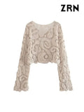 Women Fashion Cropped Semi-sheer Crochet Knit Sweater Sexy O Neck Long Sleeve Female Pullovers Chic Tops-Outfit
