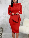 Formal Bow Long Sleeve Solid Knee-Length Office