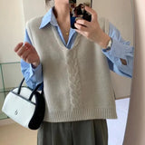 Woherb Shot V-Neck Head Pure Color Knit Vest Women Spring 2024 New Korean Version Soft Waxy Loose Fold Wear Vest Women-Outfit