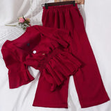 Neck Elastic Waist Ruffles Hem Blouse And High Waist Slim Wide Leg Pants Women