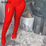Women High Waist PU Leather Skinny Pants Solid Chic Streetwear Trousers-Outfit