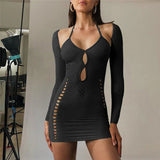 hirigin Sexy Hollow Out Bodycon Dress for Women Summer Autumn Night Club Wear Mesh Sheer Long Sleeve Mini Dresses