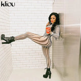 Kliou Mesh Striped Two Piece Set Women Sheath Body-Shaping High Street Sexy Hipster Long Sleeve O-Neck Female Streetwear
