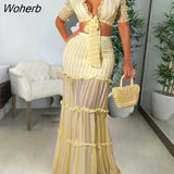 Women Stripes Two Piece Dress Sets Suits Short Sleeve Tie Front Top and Long Maxi Skirt Set-Outfit