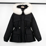 Large Natural Raccoon Fur Hooded Winter Jacket 90% White Duck Down Coat Women Puffer Fluffy Parkas With Belt Snow