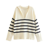 Women Fashion Striped Loose Knitted Sweater Vintage Long Sleeves Winter Autumn Female Pullovers Chic Tops-Outfit
