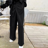Elegant Lace-up Women Solid Suit Pants High Waist Pockets Loose Female Wide Leg Pants 2021 Summer Ladies Trousers-Outfit