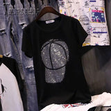 Diamond Hat Shiny Women T Shirt Short Sleeve Summer Female Tee