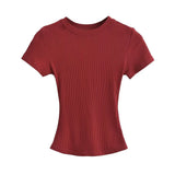 Trend Women's Wear Thread Slim Short-Sleeved T-Shirt Sexy Round Collar Solid Color Shoulder Show Thin Short Navel Blouse-Outfit