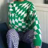 Plaid Print Y2K Knitted Pullovers Women Vintage Aesthetic Chic Cute Sweaters Harajuku Loose Knitwear Retro