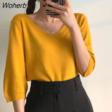 Women Half Sleeve T-shirts V-neck Solid Colorful Knitting Elegant Office Lady Simple Korean Style Females Soft Loose Tops Basic-Outfit