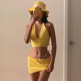 Summer Yellow Set Backless Trendy Women's Wear-Outfit