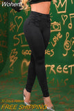 Women Fashion Casual Grommet Eyelet Pencil Pants Full Length Black Slim Lace-up High Waist Skinny Pants-Outfit