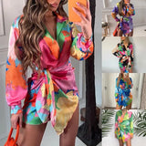 2023 Wish Temperament Individual Printing Lace Up Casual Single-Breasted Shirt-Outfit