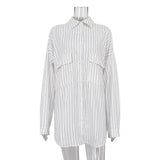 Woherb New Autumn Lapel Long Sleeve Striped Shirt Coat Fashion Loose Casual Shirt Women's Style-Outfit