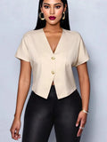 Solid Color V-Neck Metal Button Asymmetrical Sleeve
