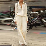 Spring Summer Loose Women Two Piece Set Casual Long Sleeve Button Tops + Long Pants Outfit Elegant Office Lady Shirt