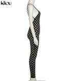 Kliou Hollow Out See Through Jumpsuit For Women Solid Sexy Sling Skinny Cleavage Net Plaid Hole Stunning Midnight Club