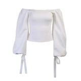 Elegant Women Crop Top Off the Shoulder Blouse Slim Puff Sleeve Solid Vintage Autumn 2021 Fashion Casual Shirts