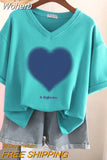 100% Cotton L-6XL T Shirt Plus Size Tshirt Short Sleeve Women Top Summer Heart Print Couple V Neck Oversized T Shirts-Outfit
