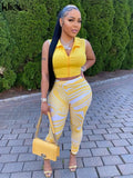 Kliou Casual Two Piece Set Women Sporty Sleeveless Crop Top+Skinny Print Leggings Matching Outfit Female Concise Cool