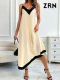 ZRN-Women's Asymmetrical Semi-Sheer Midi Dress, V Neck, Thin Straps, Female Dresses, Patchwork, Sexy Fashion-Outfit