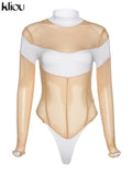 Kliou Mesh Patchwork Bodysuit Women Sexy See Through Halter Backless Panelled One Piece Female Elastic Summer Swimsuit