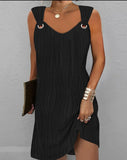 Woherb Spring And Summer Temperament Commuting Simple Pure Color Metal Button V-Neck Sleeveless Dress-Outfit