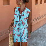 Women Lobster Printed Shorts Set Short Sleeveless Lace Up Shirt and Shorts Two Pieces Sets Summer Chic Lady Street Suit-Outfit