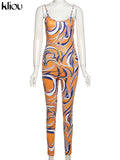 Kliou Aesthetic Panelled Print Jumpsuit For Women Hot Casual Silky Spaghetti Strap Skinny Bodysuit Streetwear Female